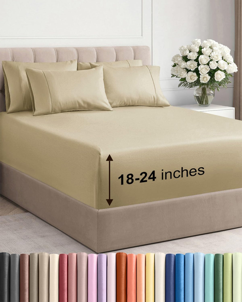 Skiennix Extra Deep King Sheet Set - 6 Piece Breathable Cooling Bedding - Soft, Wrinkle-Free Beige