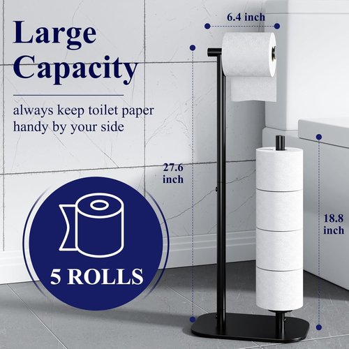Kitsure Toilet Paper Holder - Large Capacity Free Standing Holder for 4 Rolls | Rustproof Black Design