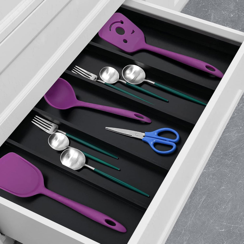 Utoplike Bamboo Drawer Organizer - Adjustable Black Silverware Holder & Cutlery Tray | Expandable Divider for Kitchen & Bedroom