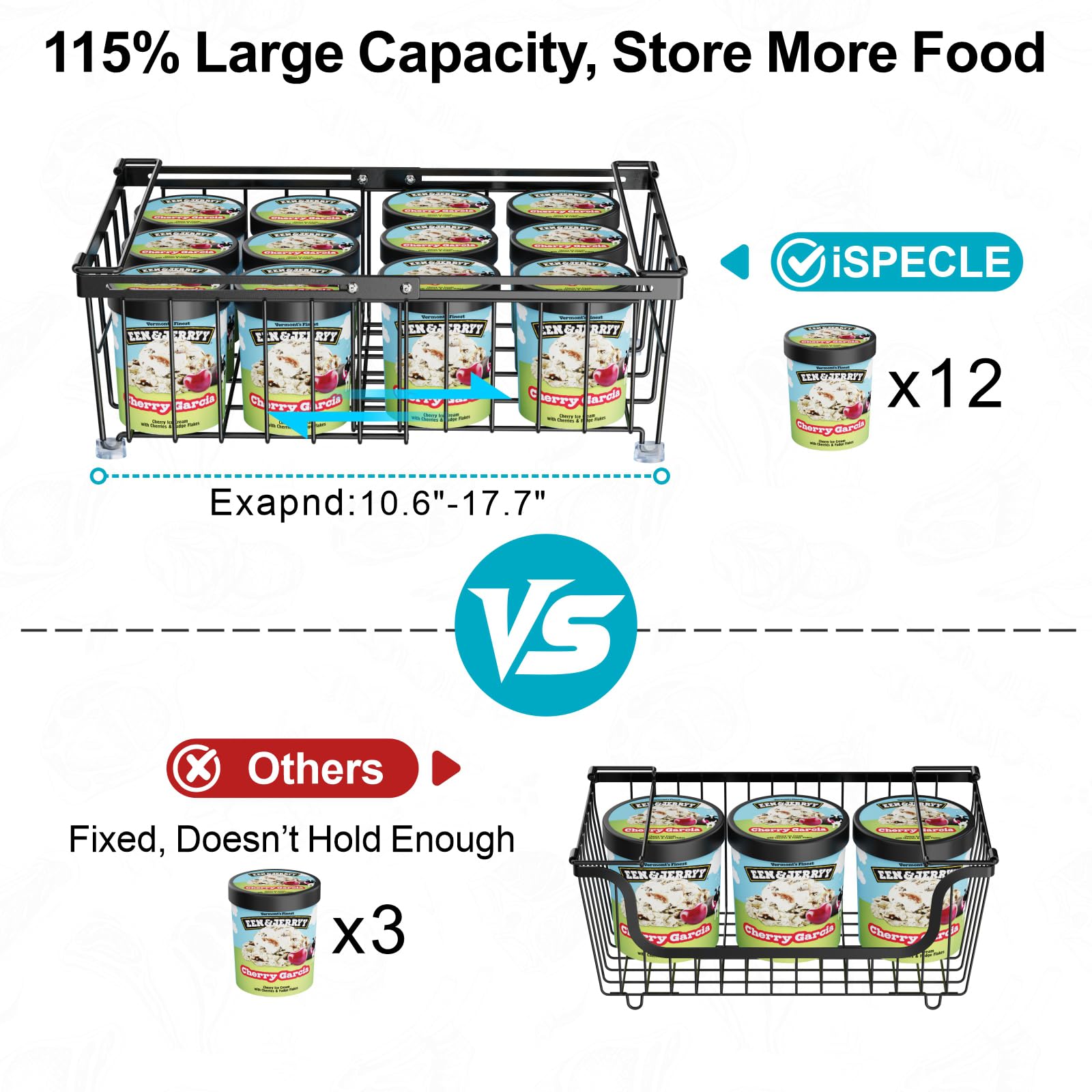 iSPECLE 4 Pack Freezer Organizer Bins - Fit 10 to 20 Cu.Ft Deep Freezer, Expandable Wire Storage Chest Freezer Baskets for Frozen Food, Stackable with Handles, Black