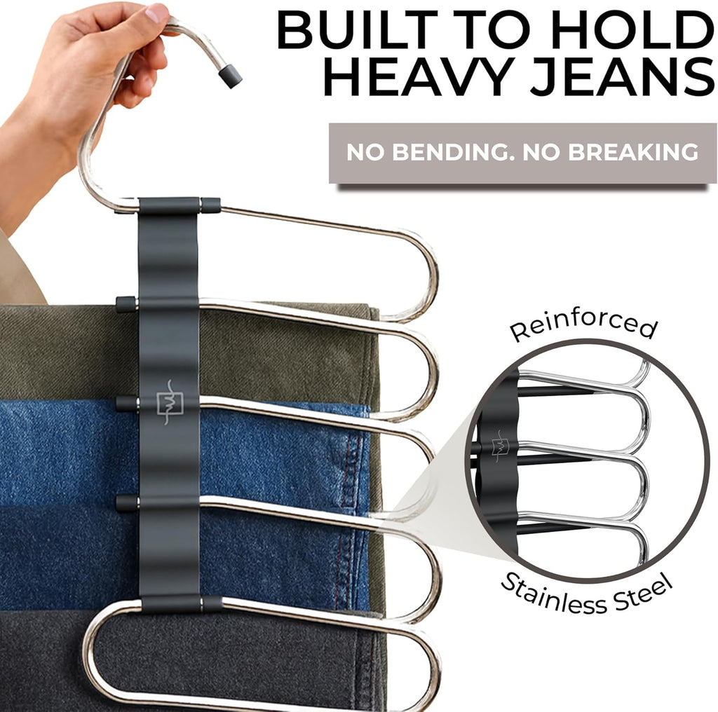 MORALVE Pants Hangers - Space-Saving Non-Slip Multi-Layer Closet Rack - 4 Pack for Jeans, Trousers & Skirts (Black)