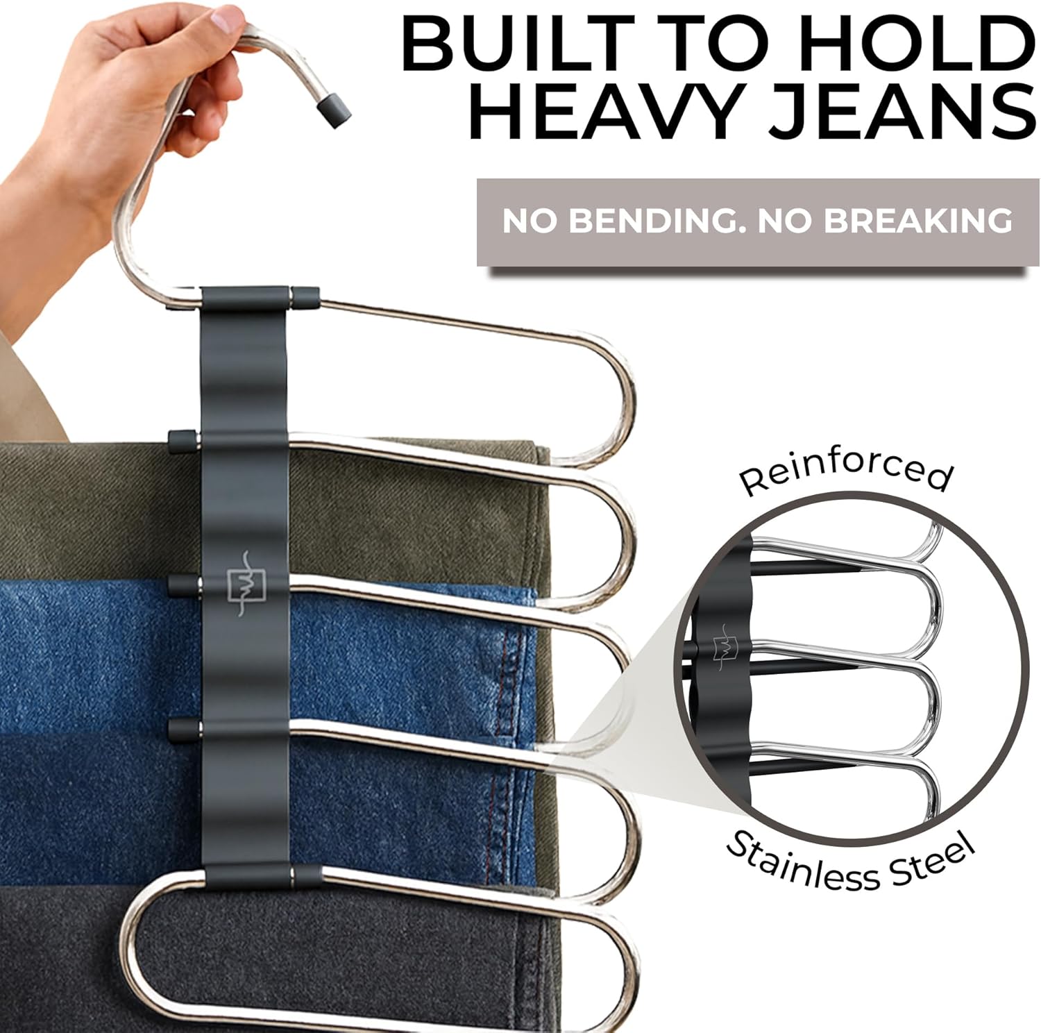 MORALVE Pants Hangers - Space-Saving Non-Slip Multi-Layer Closet Rack - 4 Pack for Jeans, Trousers & Skirts (Black)