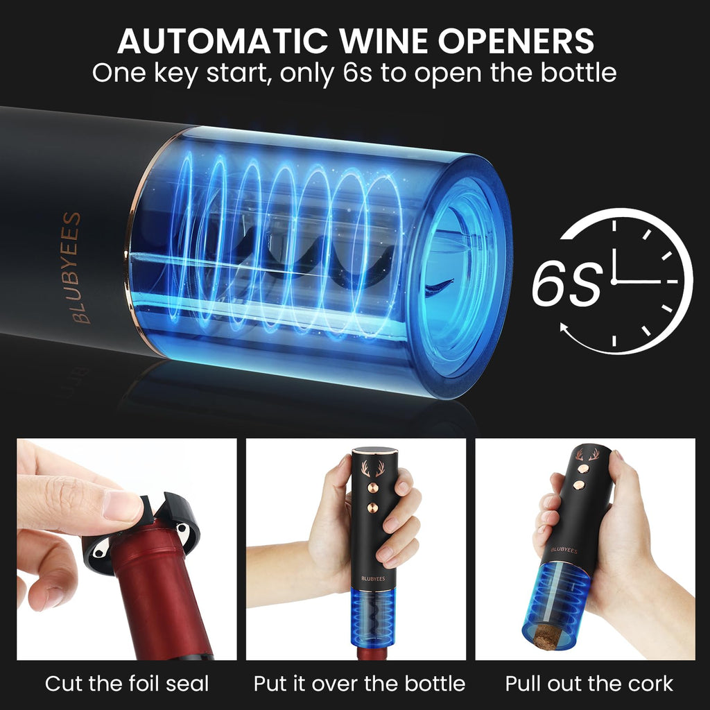 BLUBYEES 4-in-1 Rechargeable Electric Wine Opener Set - Automatic Corkscrew, Foil Cutter, Aerator Pourer, Vacuum Stopper - Wine Lovers Gifts for Women and Men