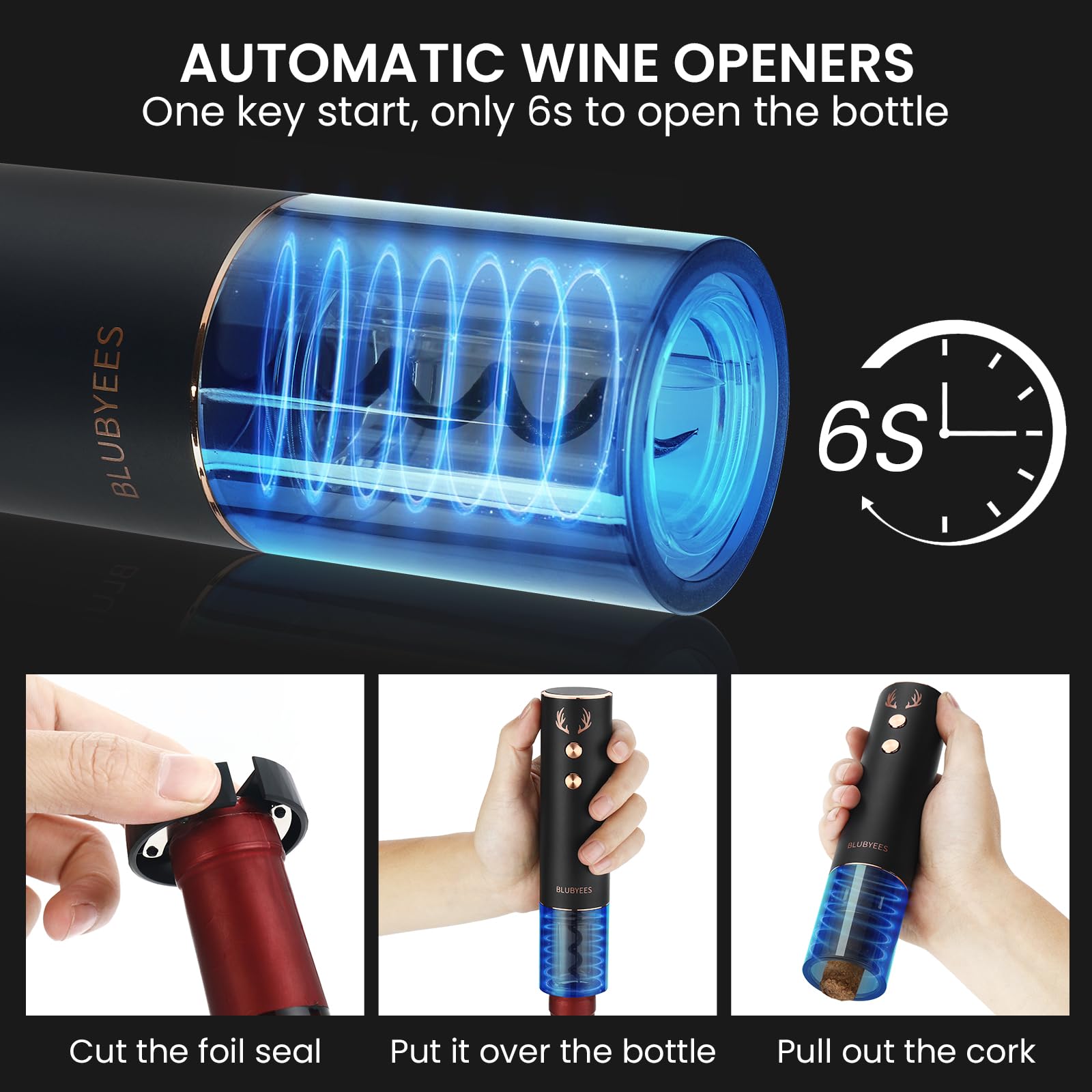 BLUBYEES 4-in-1 Rechargeable Electric Wine Opener Set - Automatic Corkscrew, Foil Cutter, Aerator Pourer, Vacuum Stopper - Wine Lovers Gifts for Women and Men