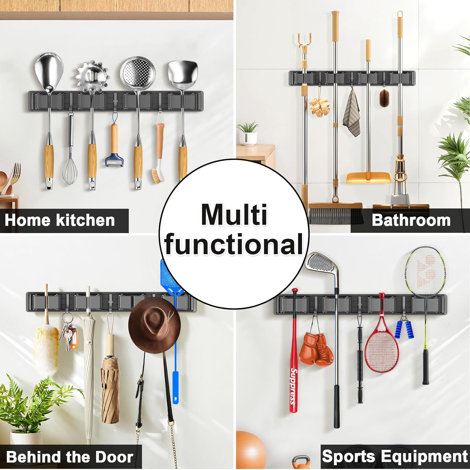 Skiennix Broom Holder Wall Mount - Organize Mops & Brooms with 4 Racks & 3 Hooks | Grey