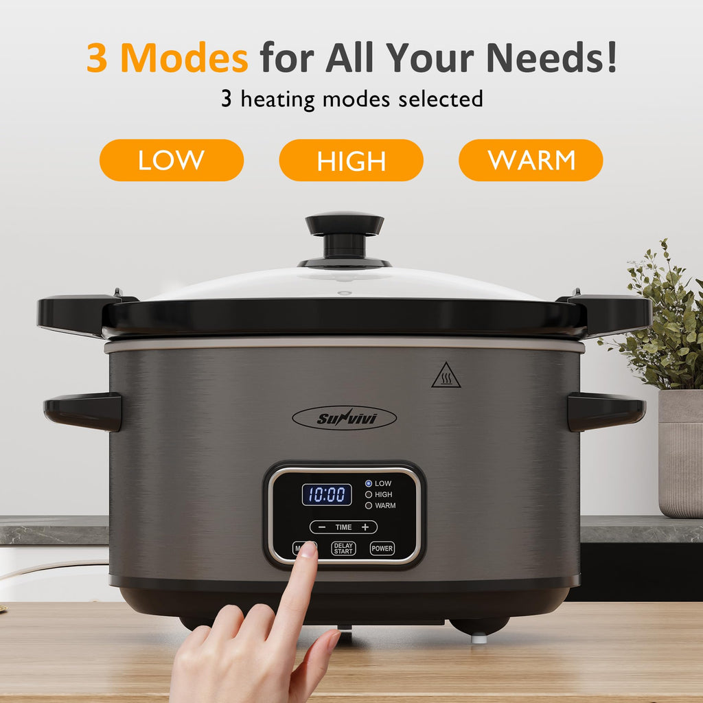 Sunvivi 4QT Programmable Slow Cooker with Locking Lid, Removable Ceramic Pot, 3 Heating Settings & Timer, Dishwasher-Safe, Dark Grey