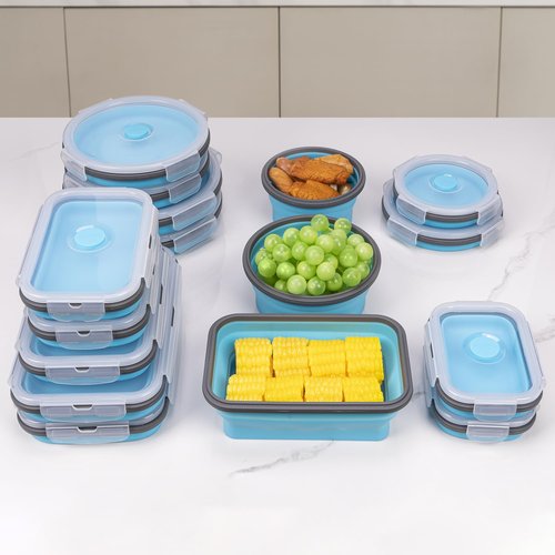 Annaklin Collapsible Food Storage Containers with Lid & Air Vent, 16 Pack, 8 Rectangular + 8 Round, Foldable Silicone Lunch Containers Collapsible Bowls Set, Microwave Freezer Dishwasher Safe, Blue
