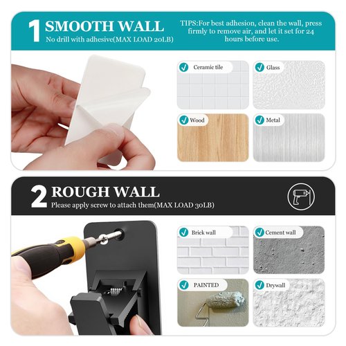 BMONATY Adhesive No Drill Curtain Rod Brackets - Heavy Duty 30LB Holders for Bathroom Bedroom Kitchen, Universal Damage-Free Window Rod Hooks with Nail-Free Installation (4PC Black)