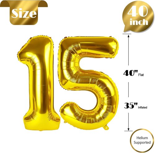 Gold Number 15 Balloon - 40 Inch Giant Foil Balloon for 15th Birthday Party Decorations
