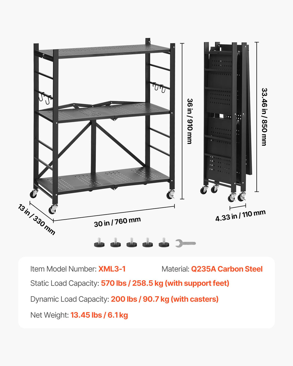 VEVOR 3-Tier Foldable Storage Shelf, 30W x 13D x 36H Inch Folding Metal Rack Shelving Unit, No Assembly Organizer Shelf with 5 Wheels & 4 Hooks for Pantry, Kitchen, Garage, Basement, Black