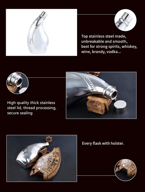 TOX TANEAXON 53 oz Bear Pattern Horn Shape Large Capacity Whiskey Hip Flasks for Liquor with Removable Holster