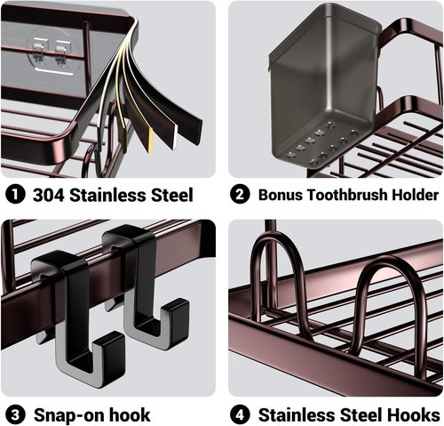 AKTECKE Shower Caddy - 2-Pack Corner Organizer with Adhesive Shelves & Hooks | No-Drill Stainless Steel Bathroom Storage