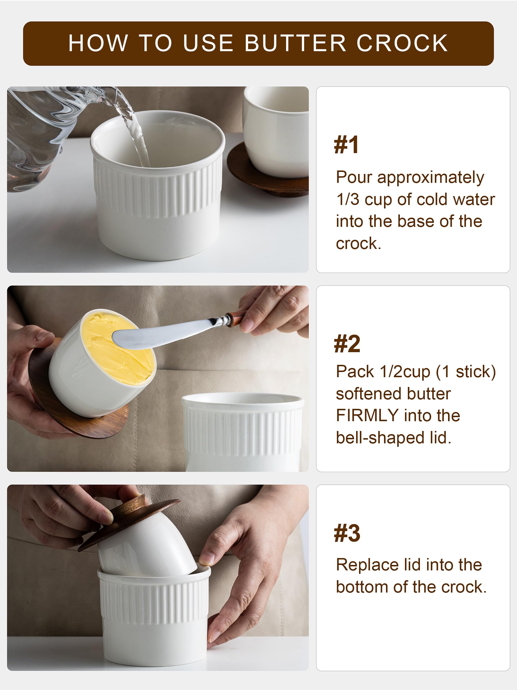 YHOJOY Ceramic Butter Dish With Lid, Butter Crock for Countertop, French Butter Keeper for Spreadable Butter, Elegant Embossed Pattern, Cream White