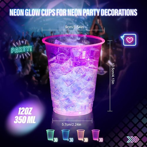 KesaPlan 120 PCS Neon Plastic Cups - 12 OZ Glow in the Dark Disposable Cups for Parties & Events