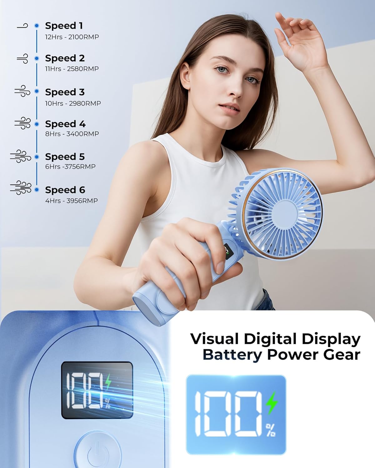 TUNISE Portable Handheld Fan - Rechargeable 4000mAh Battery | 180° Adjustable, 6 Speed Settings, Quiet Design