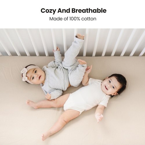 Konssy Muslin Crib Sheets - Soft Cotton Baby Sheets for Standard Crib Mattress | 2 Pack, 52"x28" (Fog Green, Cream)