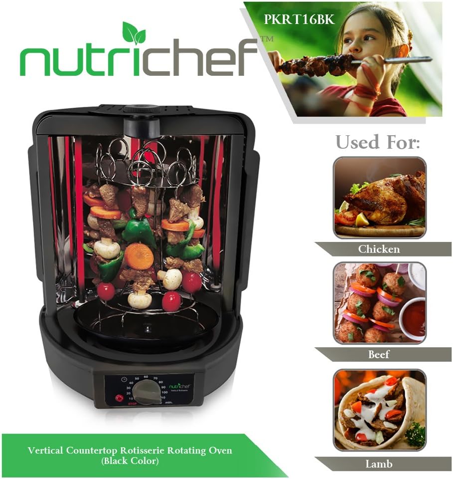 NutriChef Vertical Countertop Rotisserie Oven - Rotating Shawarma & Kebab Machine with Skewer, Rack & Drip Tray