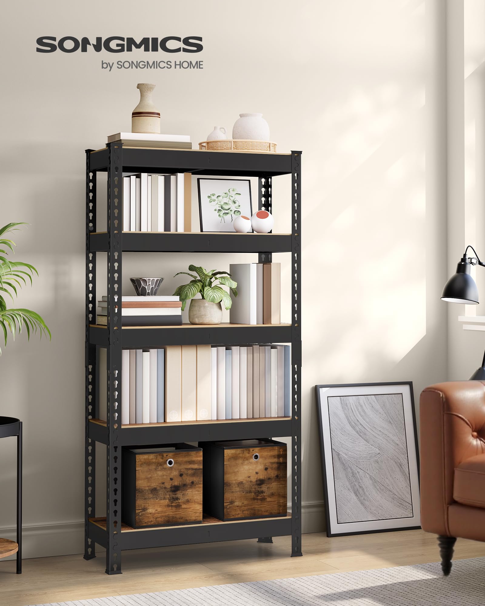 SONGMICS 5-Tier Storage Shelves, Load 2310 lb, Garage Storage, Boltless Assembly, Adjustable Shelving Unit, 11.8 x 29.5 x 59.1 Inches, for Study Shed Basement, Black and Rustic Brown UGLR300B11