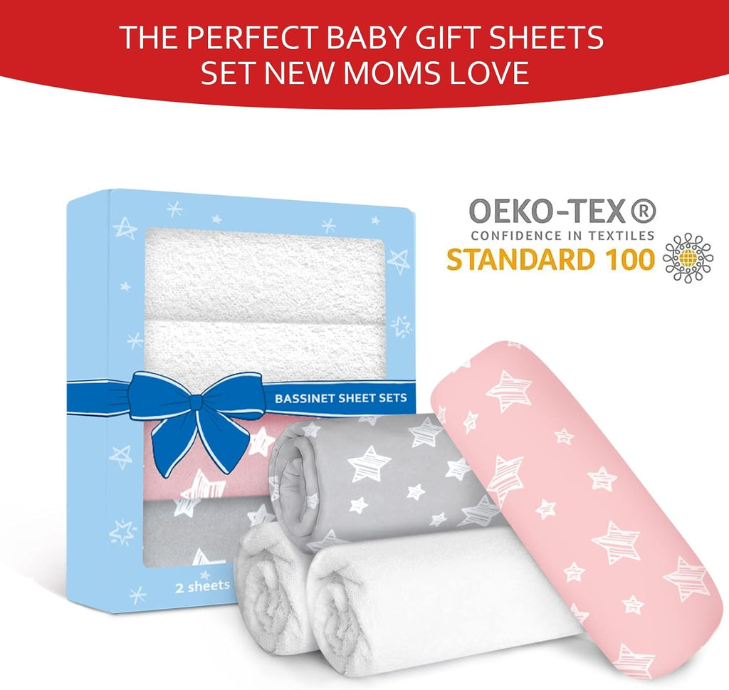Regine Switzerland Bassinet Sheets - Waterproof Mattress Pad Protector Set | Universal Fit, Grey & Pink