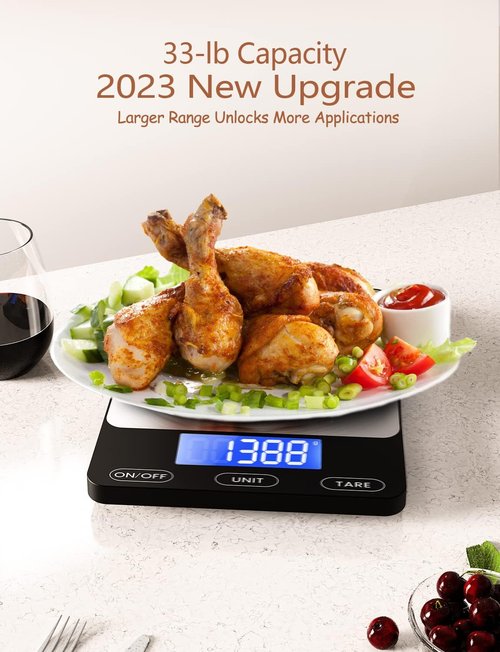 Food Scale - Skiennix 33lb Digital Kitchen Scale | Rechargeable 304 Stainless Steel for Meal Prep & Baking - Black