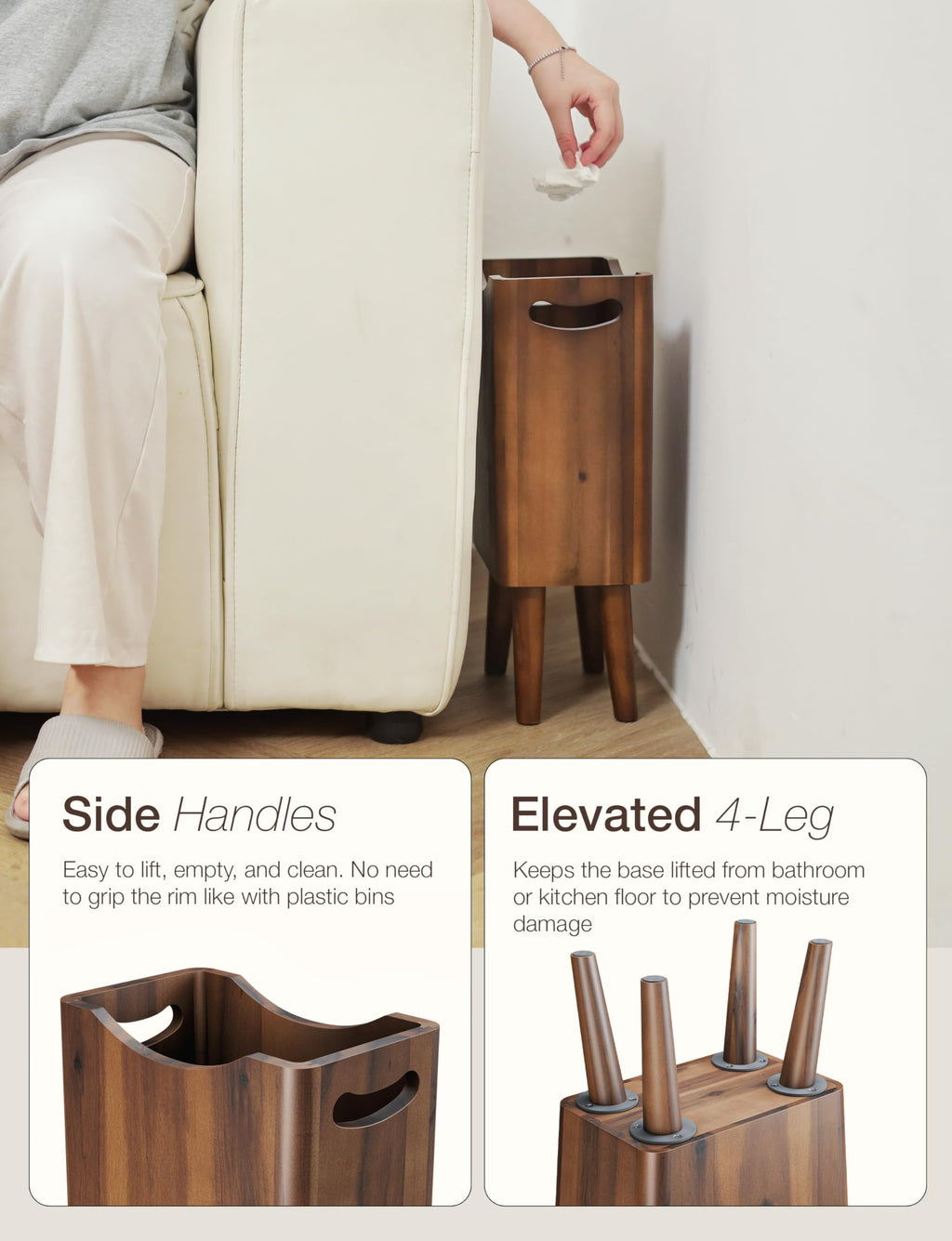 Tidita 2 Gallons Wooden Trash Can 4 Legs - Acacia Wooden Bin, Wood Bathroom Accessories - Small Bin, Waste Basket for Bedroom, Office Garbage Can - Bathroom Trash Can, Patent Pending (Walnut Color)