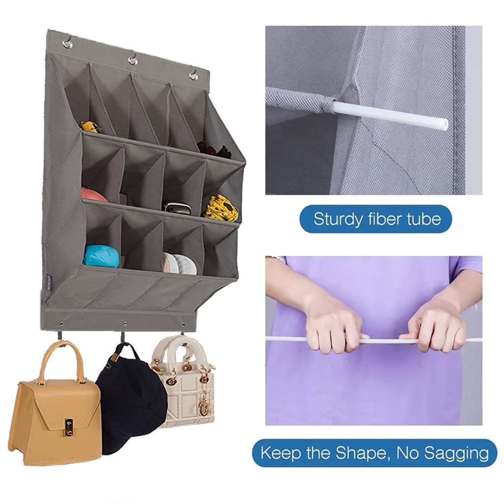 NELLHOMY Over the Door Shoe Organizer, Grey 12 Pockets Hanging Shoe Storage Rack with Large Deep Pockets, Oxford 600D Fabric Shoe Storage Rack with 6 hook for Shoes, Home Accessories etc