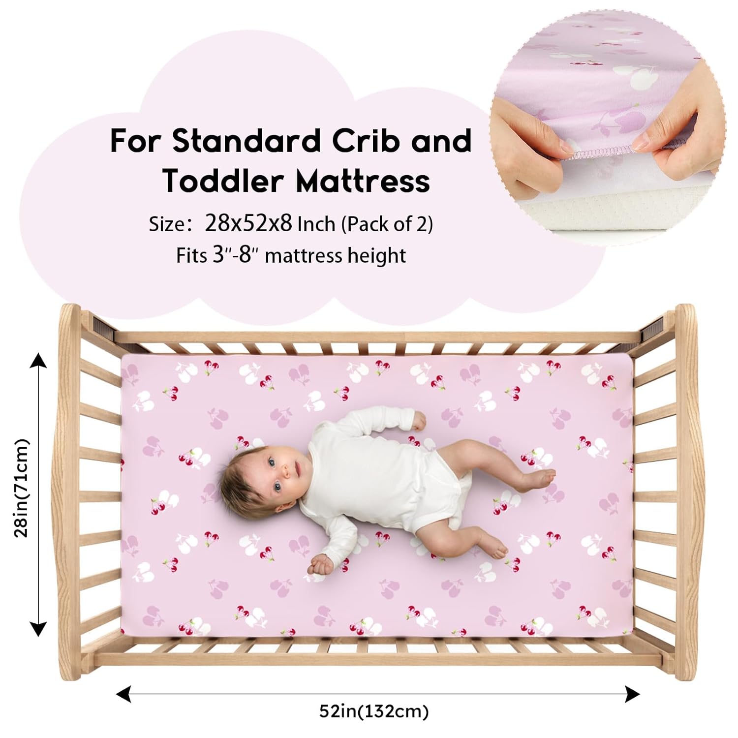 Yoofoss Fitted Baby Crib Sheets - Super Soft Microfiber 2-Pack for Standard Crib & Toddler Mattress | Pink & Cherry 28x52x8in