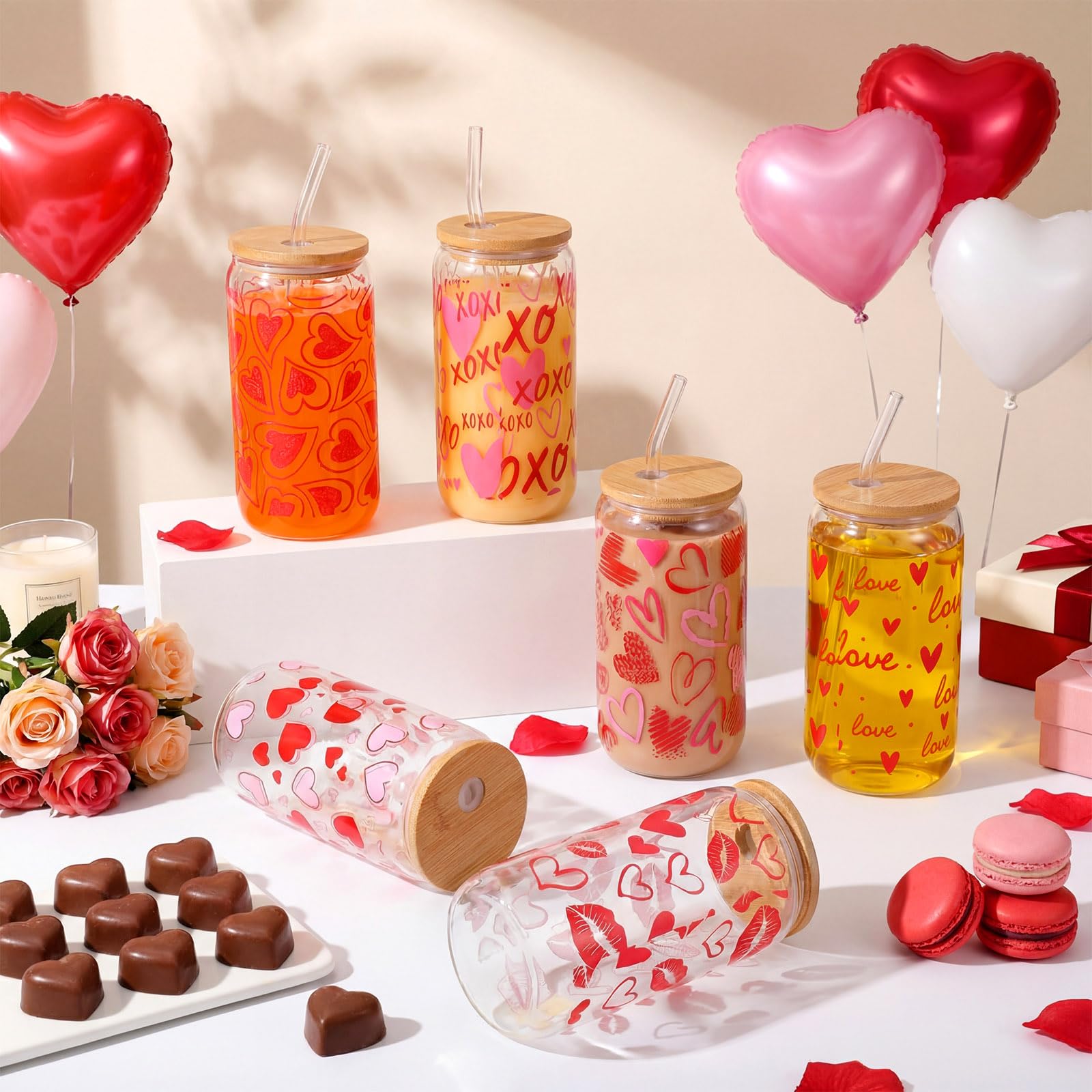 Qinyoung 6 Pcs Valentine's Day Glass Cups with Bamboo Lids and Glass Straws, 16 oz Red Heart Drinking Glasses Set, Reusable Love Iced Coffee Glasses for Galentine's Party Romantic Gifts (Valentines)