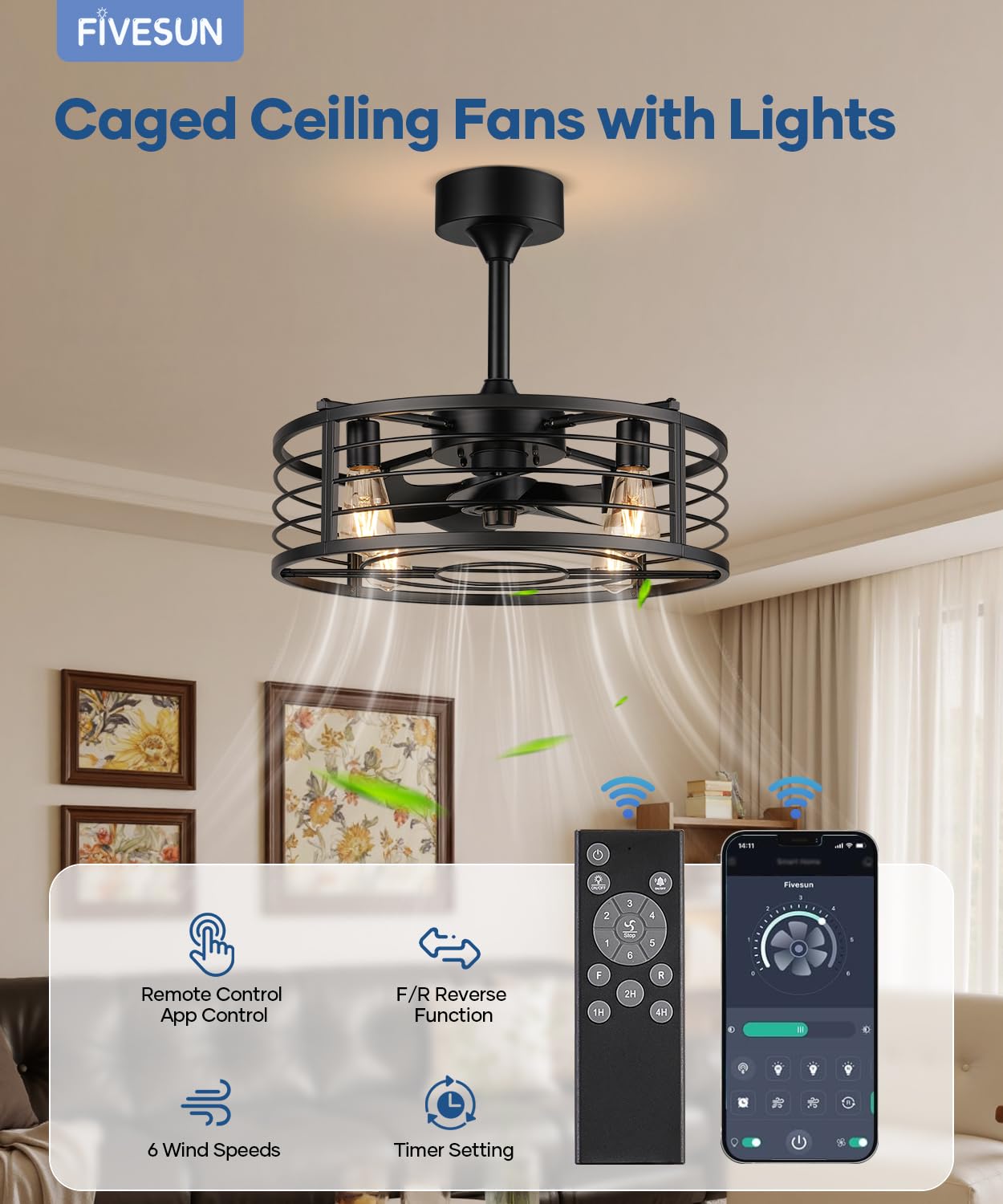 Fivesun 20" Caged Ceiling Fans with Lights and Remote, Fandelier Farmhouse Industrial Fan Lights Ceiling Fixtures Small Ceiling Fan with 6 Speeds and Timing for Kitchen, Bedroom, Outdoor-Black