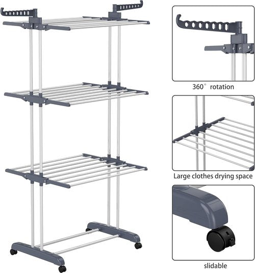 HOMIDEC Oversized 4-Tier Clothes Drying Rack - Foldable Stainless Steel with 24 Poles & 14 Hooks | Grey