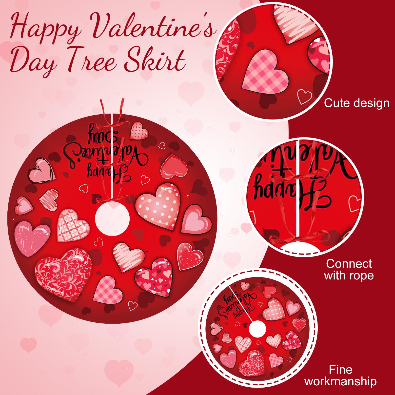 Realspring Valentine's Day Heart Tree Skirt 48 Inch Pink Heart Tree Mat Decor Red Love Skirt Carpet Romantic Love Decoration for Valentine Party Indoor Outdoor Home Office Decoration