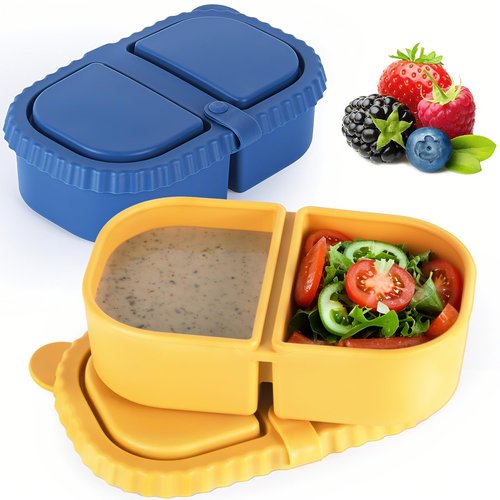 MACTANO 2 Pack Reusable Silicone Snack Containers with Lids, 8.5 oz Double Compartment Condiment Meal Prep Control Containers Portable Small Leakproof for Office Travel Picnic