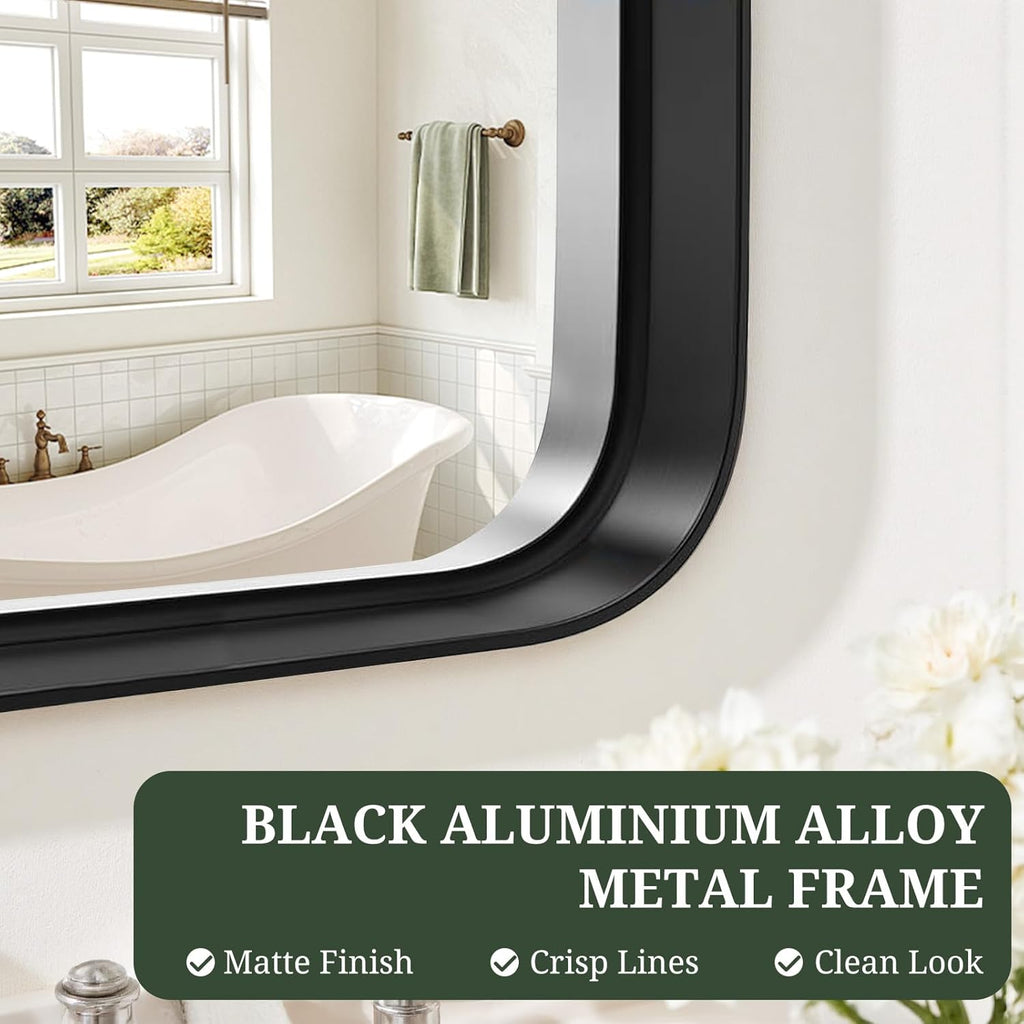 Regine Switzerland Bathroom Mirror - 36x24 Inch Black Metal Frame | Modern Anti-Rust Vanity Mirror