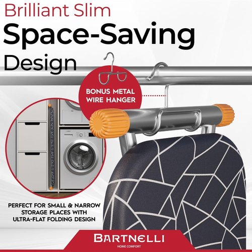 Bartnelli Compact Ironing Board - Space-Saving Steel Design | Adjustable Height, 13x43, Bonus Hanger & Silicone Pad