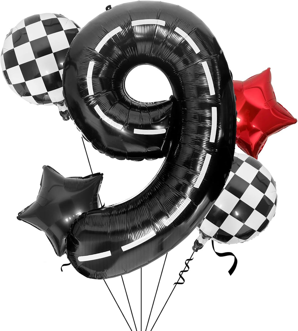Race Car 9 Balloon - 40 Inch Checkered Star Balloon for Boys' 9th Birthday Party Supplies