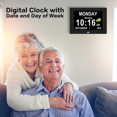 7‘’ Digital Alarm Clock for Elderly Large Display for Seniors Electric Clocks with Date Day of Week 12 Alarms 4 Colors Desk Wall Calendar Clocks for Memory Loss Alzheimers Dementia Auto DST/Dimmer