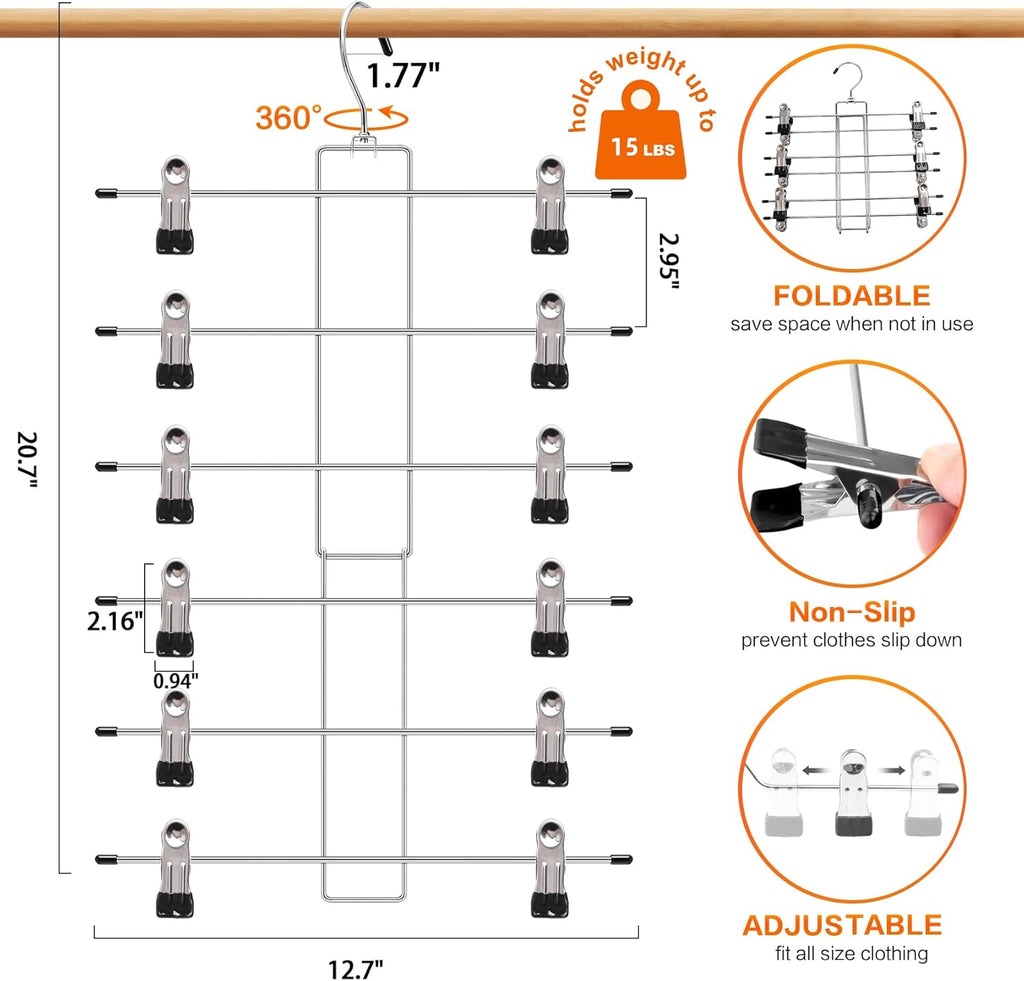 Skiennix 3-Pack Pants Hangers - Space-Saving 6-Tier Closet Organizers with Clips | Essential Storage for Jeans & Scarves