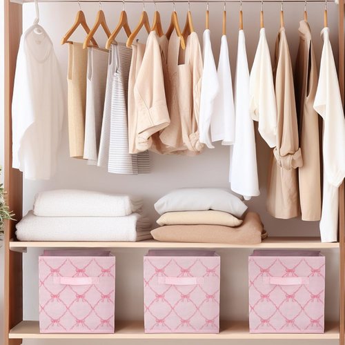 Geelin 6 Pcs Light Pink Bow Storage Bins - 11 Inch Collapsible Fabric Organizer for Home & Office