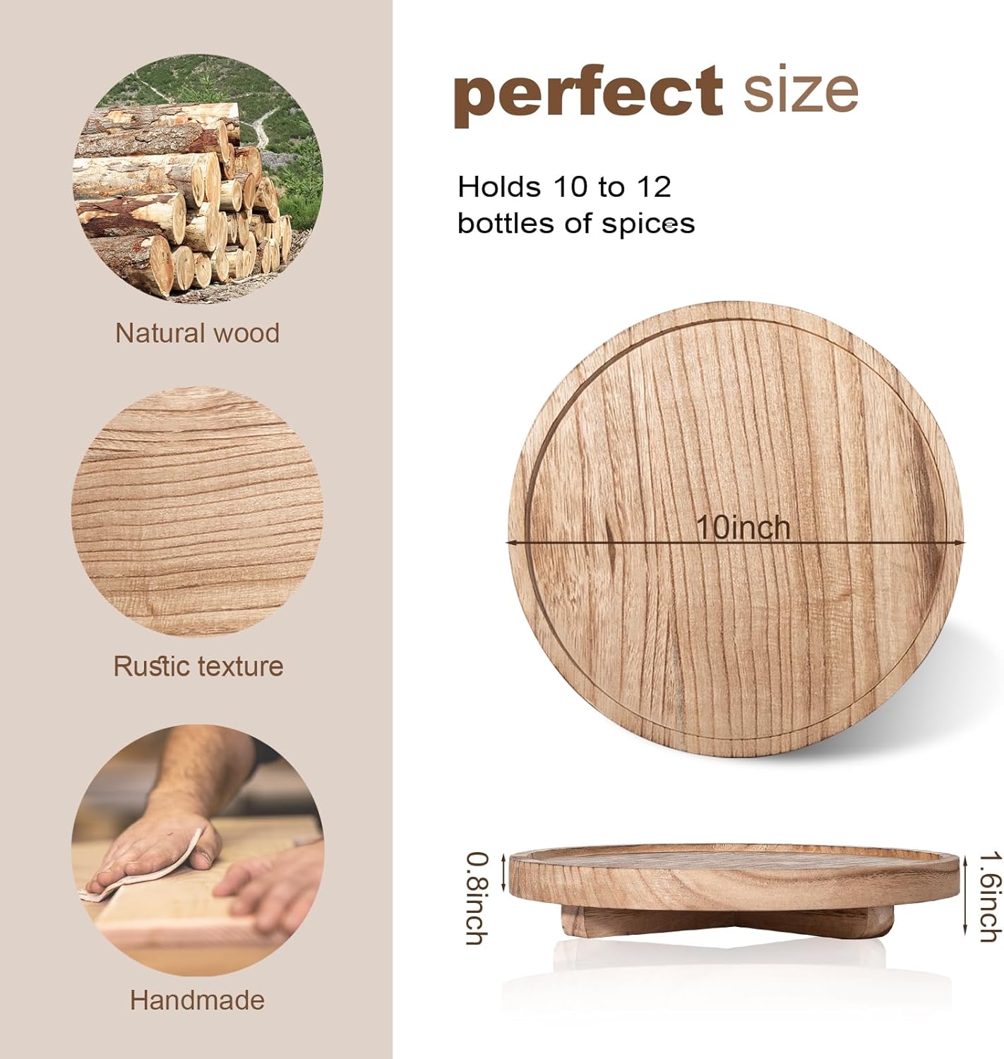 Skiennix Round Decorative Wooden Tray - Farmhouse Bathroom Counter Organizer for Soap, Perfume, Candle | 10" - Brown