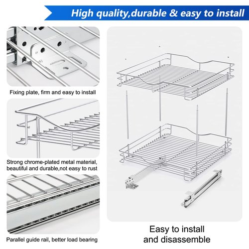 FULGENTE Chrome Finish 2 Tier (17" W X 18" D) Pull Out Drawer Cabinet Organizer Heavy Duty Slide Out Pantry Shelves Sliding Basket Storage For Home Kitchen Bathroom Under Sink Organization