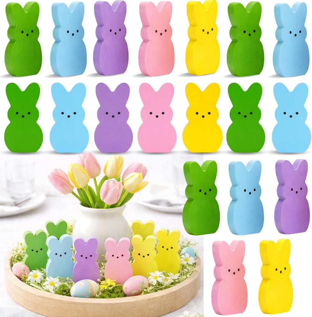Skiennix Wooden Easter Decor - 30 Pcs Mini Bunny Set for Spring Table Centerpiece & Mantel Shelf