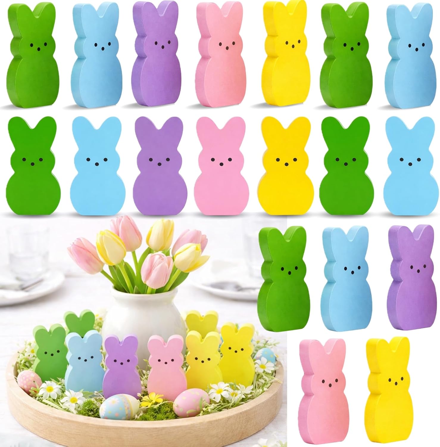 Skiennix Wooden Easter Decor - 30 Pcs Mini Bunny Set for Spring Table Centerpiece & Mantel Shelf