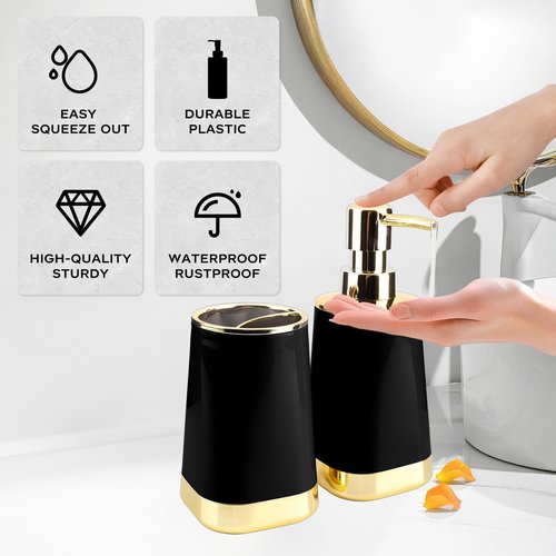 Bathroom Accessories Set, 2Piece Black and Gold Bathroom Accessories Include Soap Dispenser and Toothbrush Holder for Modern Bathroom Decor