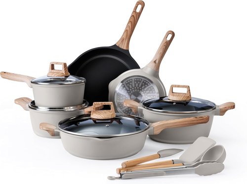 Country Kitchen Nonstick Pots and Pans Set - 14-Piece Cast Aluminum Cookware in Grey with Utensils