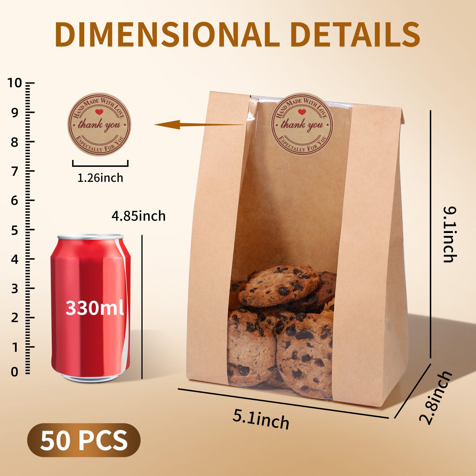 Bpole Cookie Bags with Seal - 50 PCS Small Bakery Bags with Window,5.1x2.8x9.1Inches Kraft Paper Cookie Treat Bag for Cookie Packaging Coffee Bean Snack Party