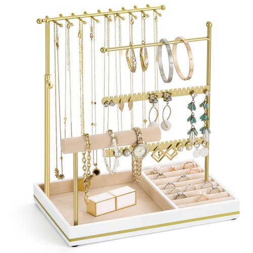 Emibele Jewelry Holder, Jewelry Organizer Stand Necklace Earrings Bracelet Holder, 5 Tier Jewelry Display Tower Rack with Metal Frame and Velvet Ring Tray, Aesthetic Jewelry Stand Gift for Women, Gold