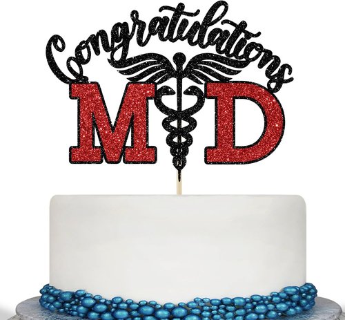 Congratulations MD Cake Topper - Black & Red Glitter Graduation Decoration for Medical School