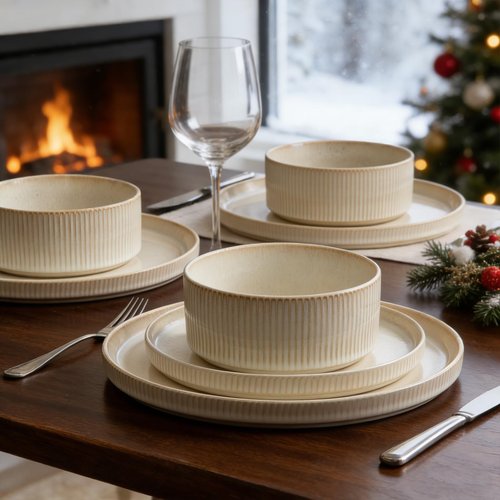 ALOFMO Stoneware Dinnerware Sets, Plates and Bowls Sets for 4, 12-Piece Ribbed Dishes – Chip & Scratch Resistant, Microwave and Dishwasher Safe Tableware, Beige