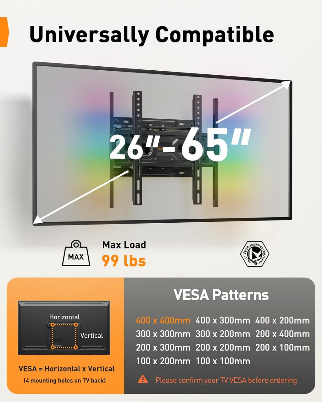 Perlegear AuraFrame™ TV Wall Mount - Pre-Assembled with LED Lights for 26-65 Inch TVs, Max VESA 400x400mm, Swivel & Tilt