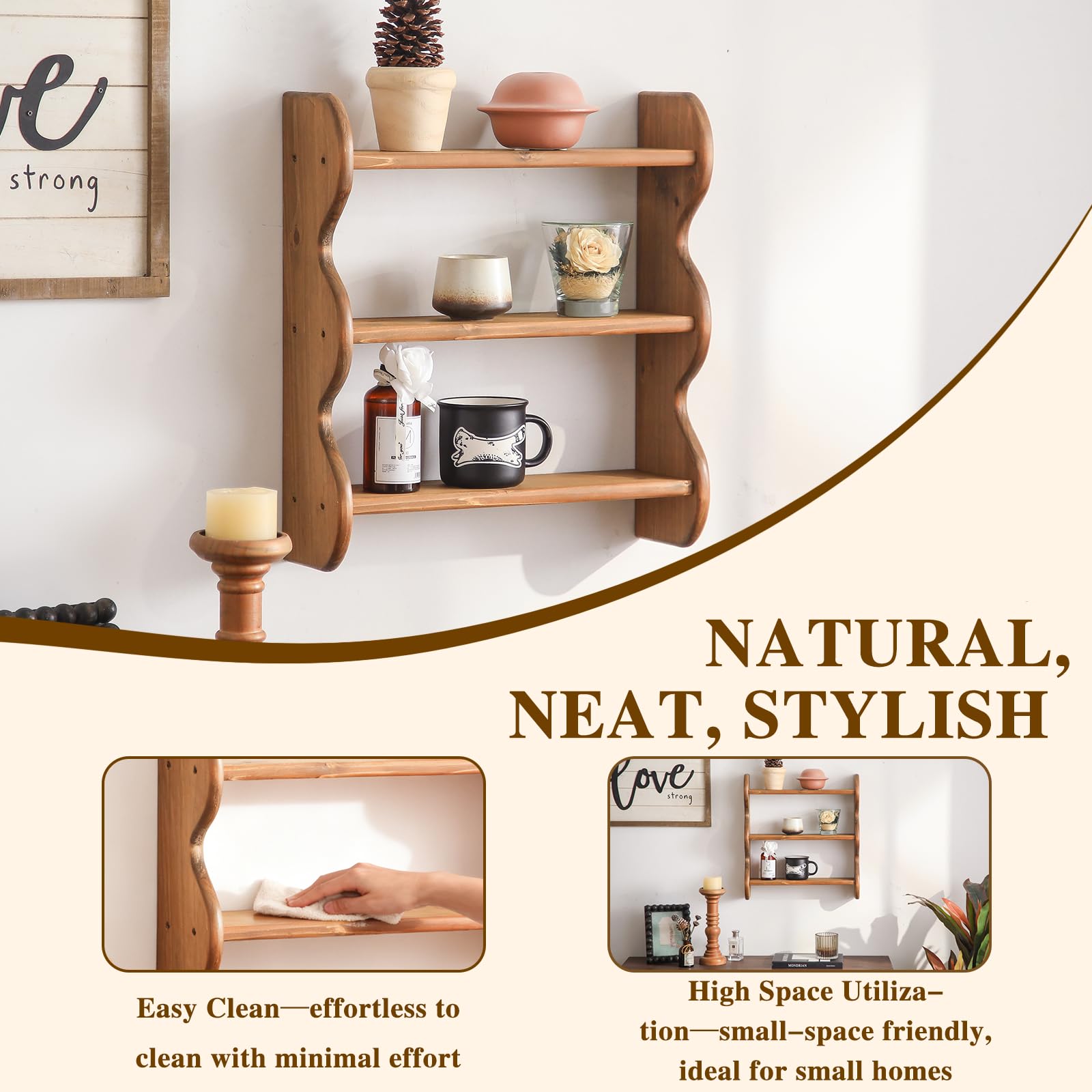 HuiDao 100% Solid Wood Wall Shelf 3-Tier, Rustic Floating Shelves Wall Mounted Storage Rack, Farmhouse Decor Hanging Shelf Display Shelves for Apartment, Living Room and Bedroom